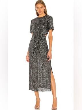 C/MEO Collective Lustre Sequin Midi Dress Cut Out Slit Sparkle Formal Silver